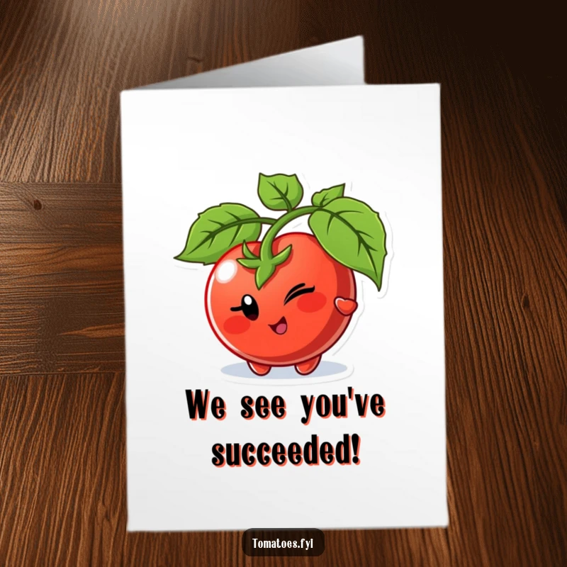 Funny Free Printable Congratulations Card: Winking tomato character playfully peeking from behind a leaf, a unique DIY gift.