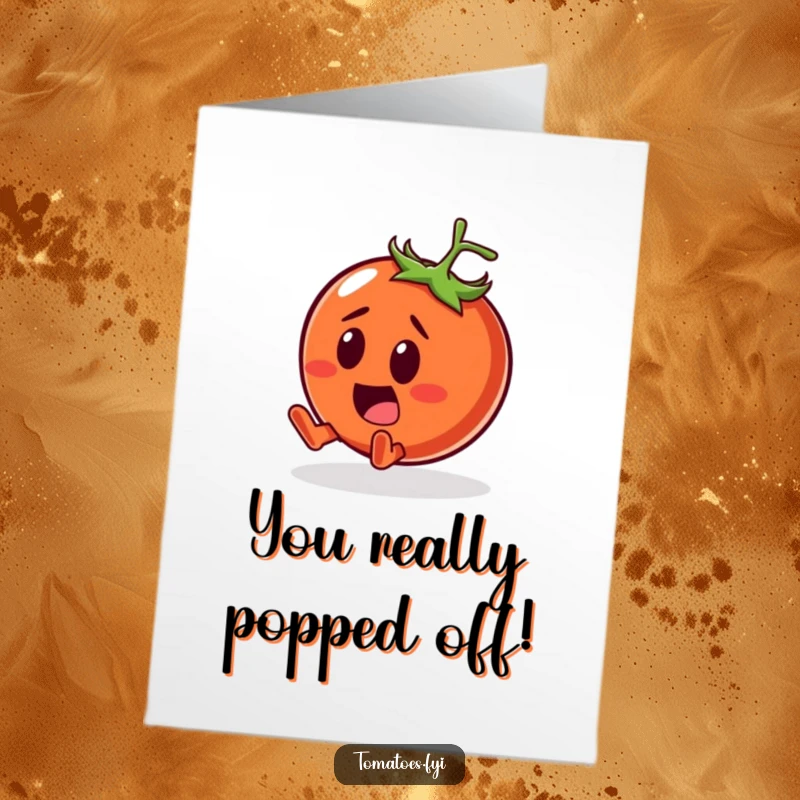 Funny Free Printable Congratulations Card: A surprised tomato character tumbling comically with a smile, celebrating achievements.