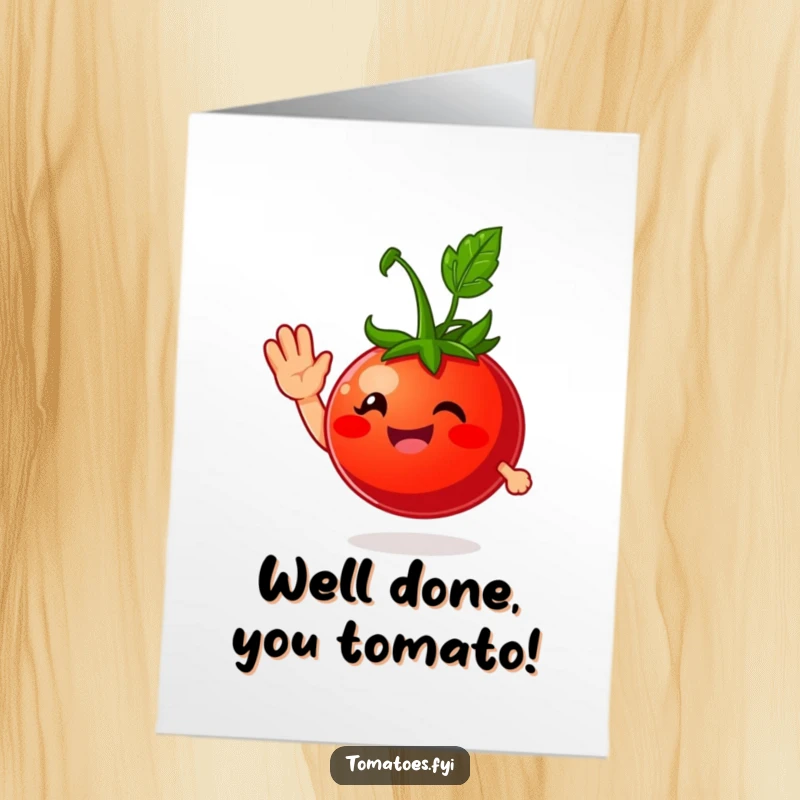 Funny Free Printable Congratulations Card showing a smiling tomato waving hello, a cheerful downloadable gift.