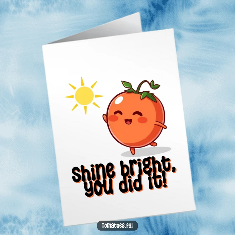 Funny Free Printable Congratulations Card: Energetic tomato character joyfully pursuing a whimsical sunbeam, celebrating a momentous achievement with pure delight.