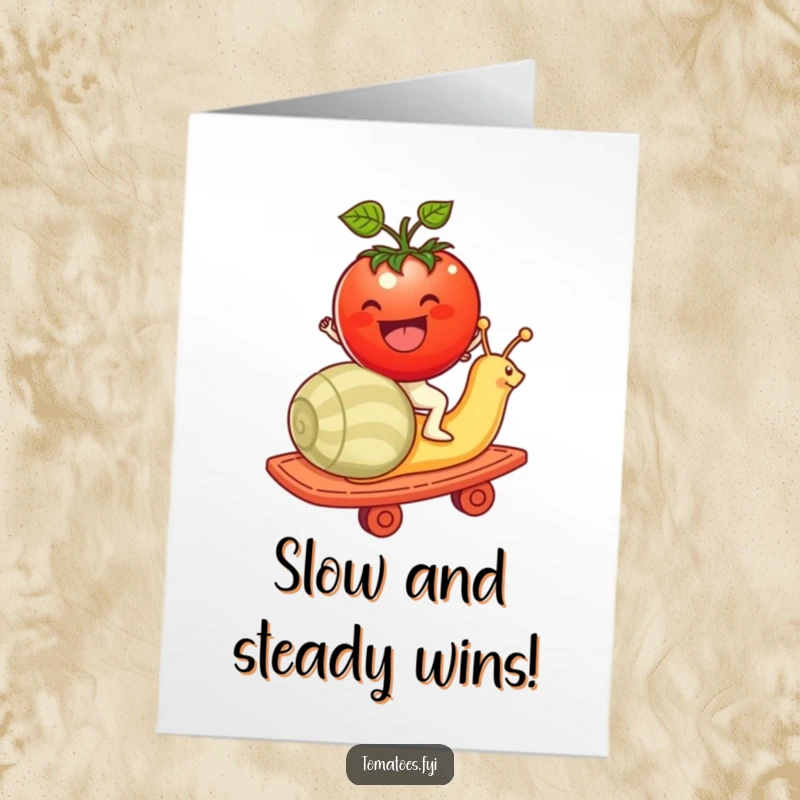 Funny Free Printable Congratulations Card: Tomato character joyfully riding a snail like a rollercoaster, celebrating a slow and steady triumph.