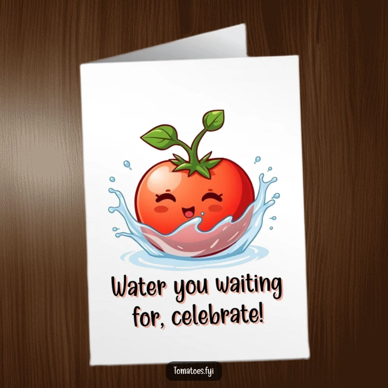 Funny Free Printable Congratulations Card: A tomato character gleefully splishing and splashing, symbolizing a joyous, bubbly success.