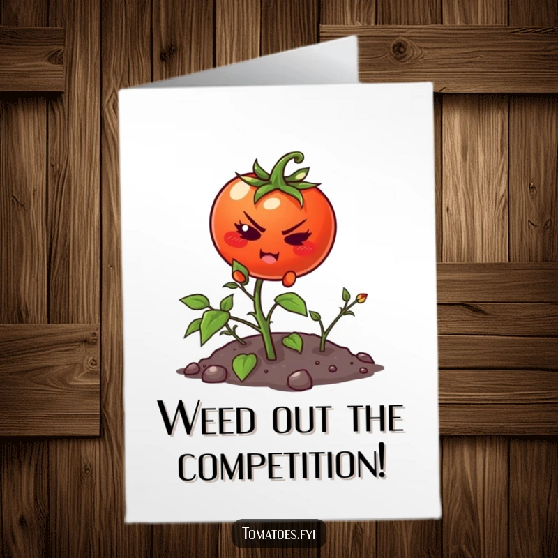 Funny Free Printable Congratulations Card: A tenacious tomato character making a determined effort to ascend a small, green weed, celebrating a hard-fought victory.