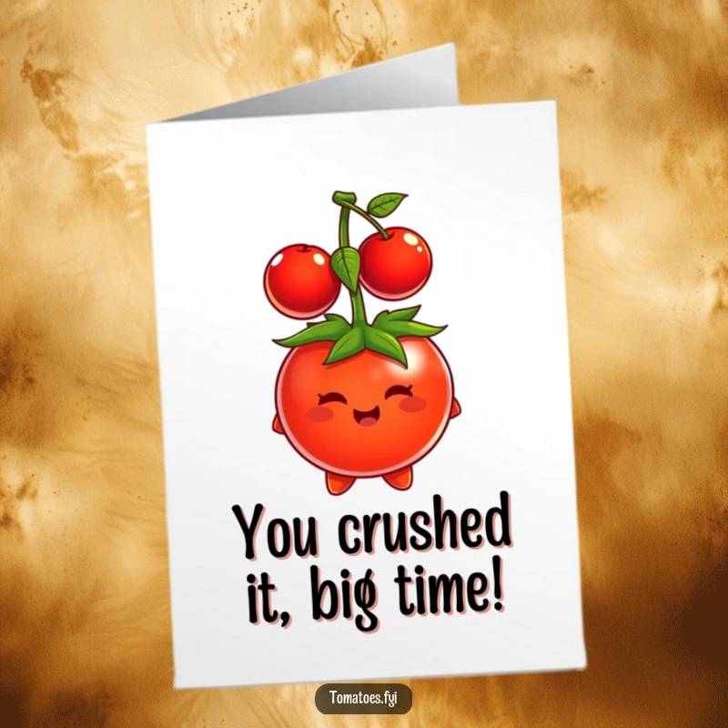 Funny Free Printable Congratulations Card: A delighted tomato tries to balance a cherry on its head as a hat.
