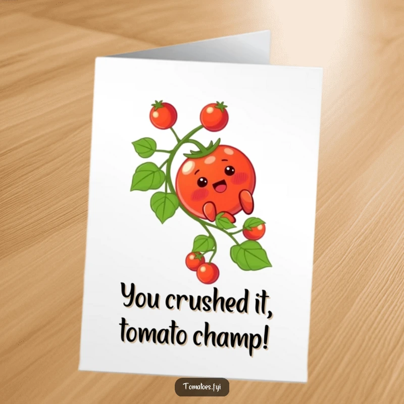 Funny Free Printable Congratulations Card featuring a blushing tomato character comically sliding down a vine, ideal for any celebration.