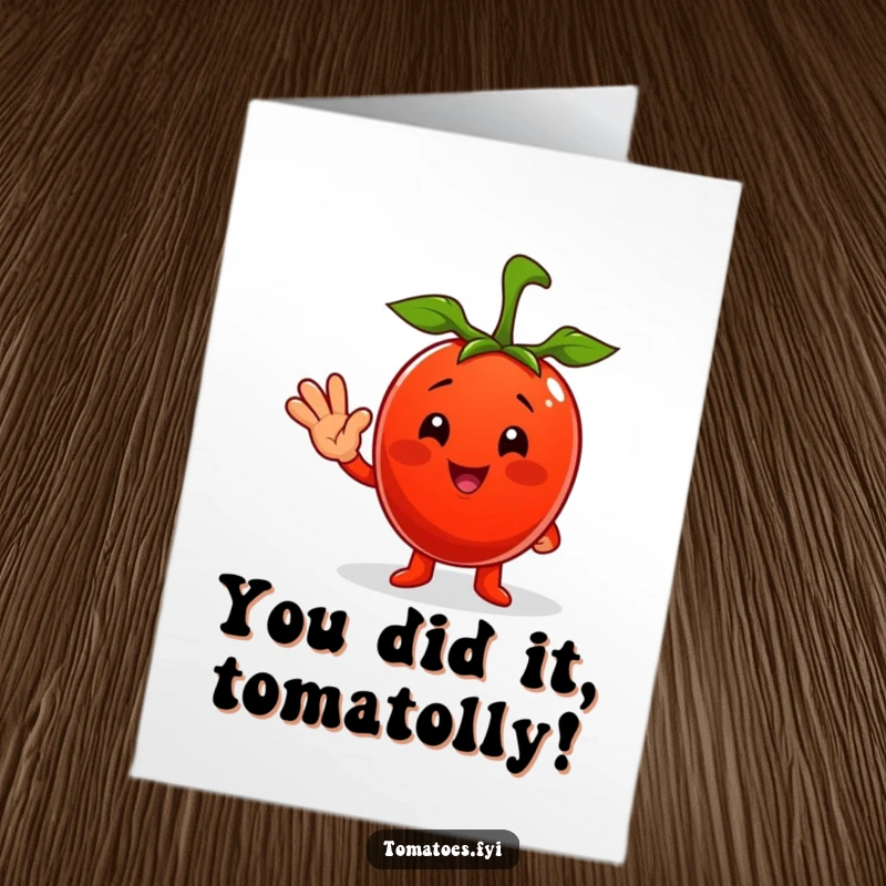 Funny Free Printable Congratulations Card: A beaming tomato character waves a friendly greeting, perfect for celebrating wins.