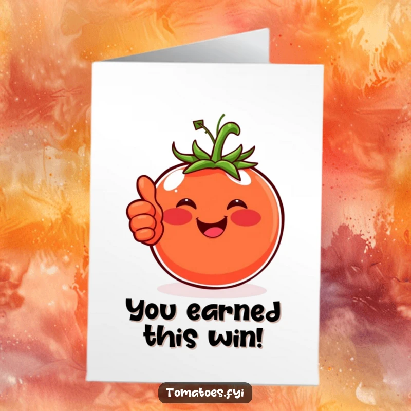 Funny Free Printable Congratulations Card: A smiling tomato with rosy cheeks offers a big, enthusiastic thumbs-up for a job well done.