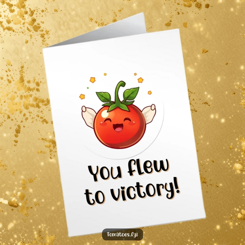 Funny Free Printable Congratulations Card: Joyful tomato character with tiny wings flying in a circle, representing reaching new heights.