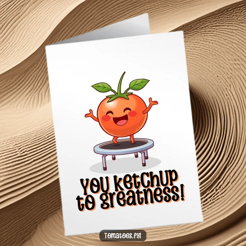 Funny Free Printable Congratulations Card: A happy tomato character comically bouncing on a small trampoline, celebrating a win.