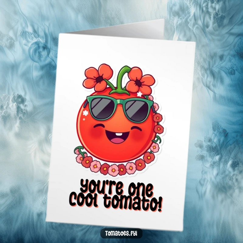 Funny Free Printable Tomato Congratulations Card: Smiling tomato with sunglasses and lei, celebrating a successful achievement.