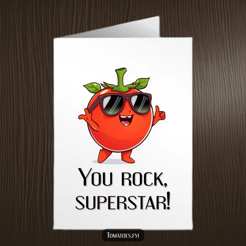 Funny Free Printable Congrats Card: A sunglasses-wearing tomato strikes a cool pose, radiating success and humor.
