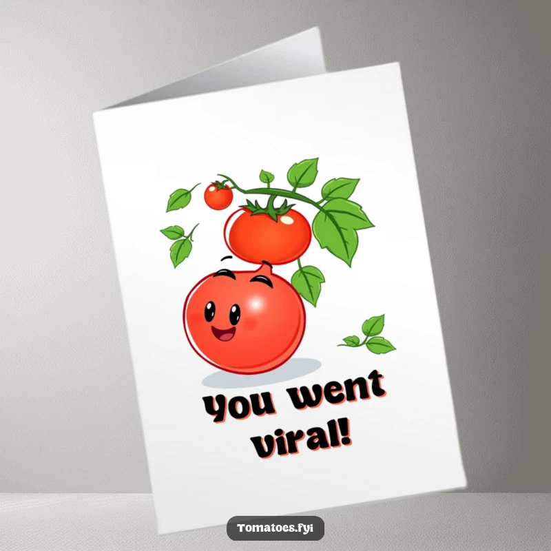 Funny Free Printable Congratulations Card of a smiling tomato character happily rolling down a vine, celebrating progress with gusto.