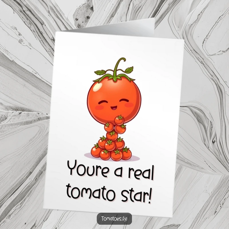 Funny Free Printable tomato congratulations card, a winking tomato balancing a pile of tiny tomatoes.