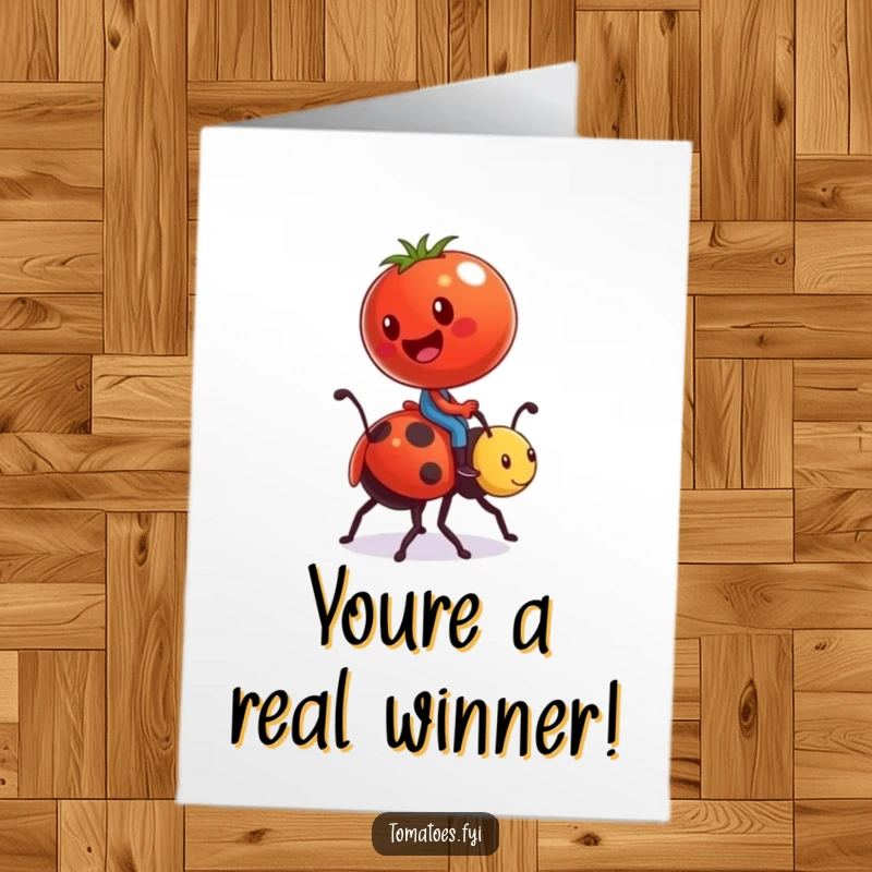 Funny Free Printable Congratulations Card: Tomato heroically riding a ladybug, symbolizing a fantastic achievement and celebration.