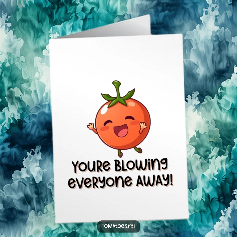 Funny free printable congratulations card: A delighted tomato character being carried aloft by a gentle, uplifting breeze.