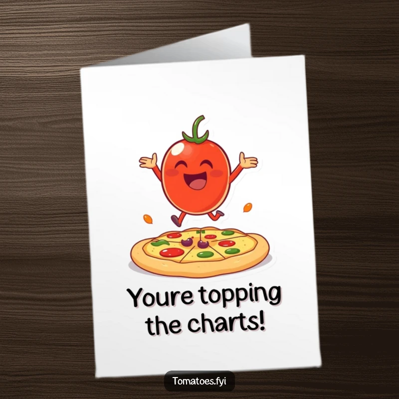 Funny Free Printable Congratulations Card: A cheerful tomato character energetically bouncing on a giant pizza crust, celebrating an accomplishment.