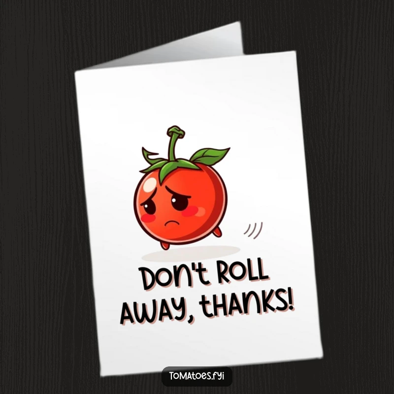 Funny Free Printable Thank You Card: A worried tomato character is rolling off, looking back nervously.