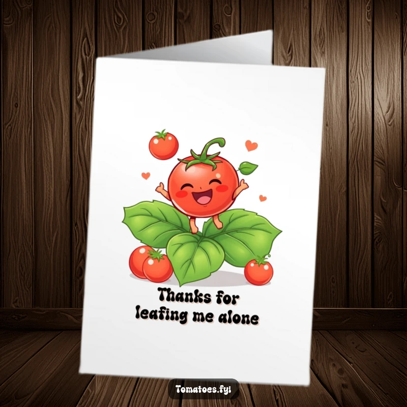 Funny Free Printable Thank You Card of a delighted baby tomato character bouncing energetically on a large leaf.