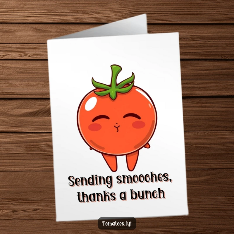 Funny Free Printable Thank You Card: A tomato character blowing a little kiss, sending warm thanks and affection with a smile.
