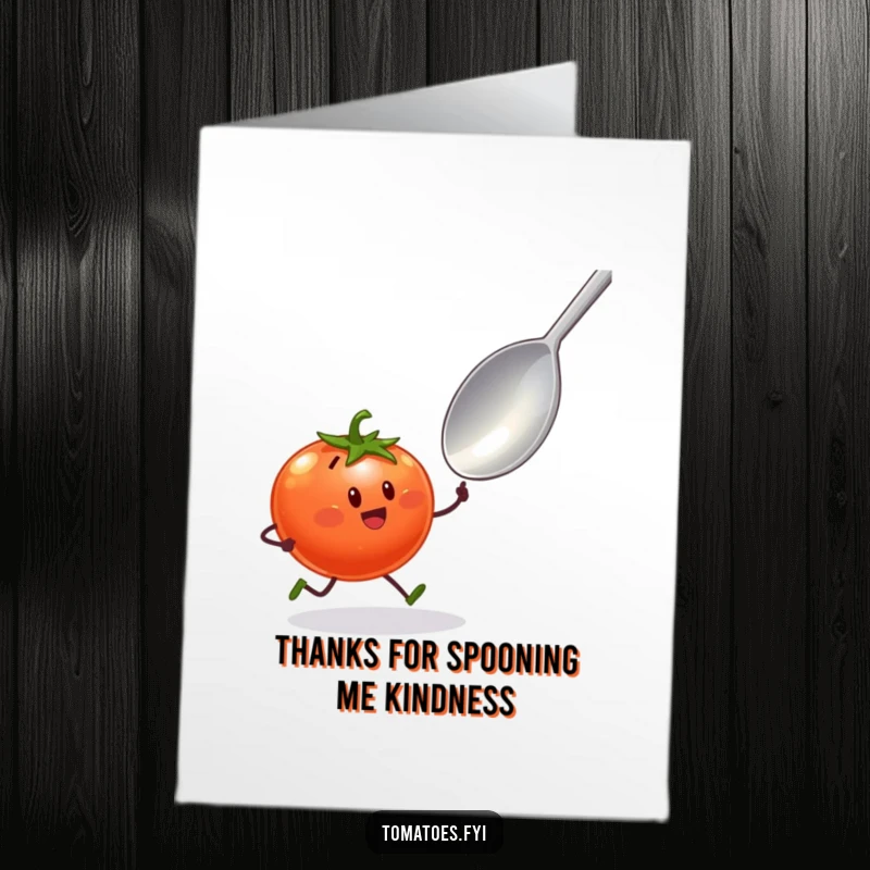 Funny Free Printable Thank You Card: Tomato character with tiny legs excitedly sprinting towards a giant spoon, a humorous gesture of gratitude.