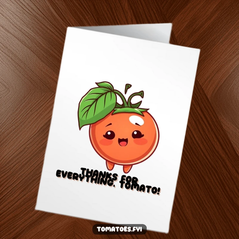 Funny free printable thank you card: a cheerful tomato character hiding behind a leaf, offering a sweet thank you.