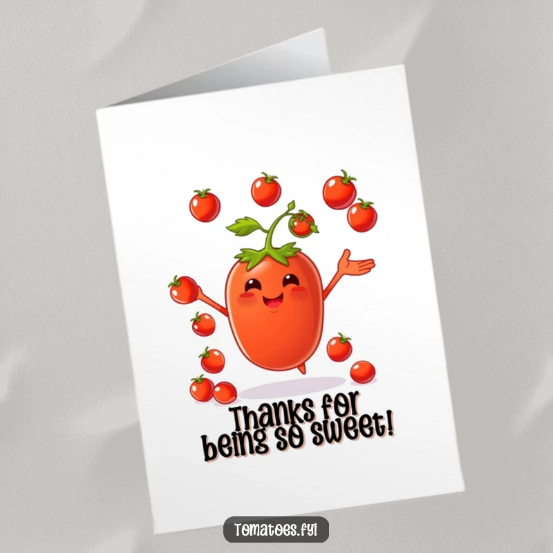 Funny Free Printable Thank You Card: Happy tomato character juggling cherry tomatoes with a thankful expression, conveying gratitude with playful energy.