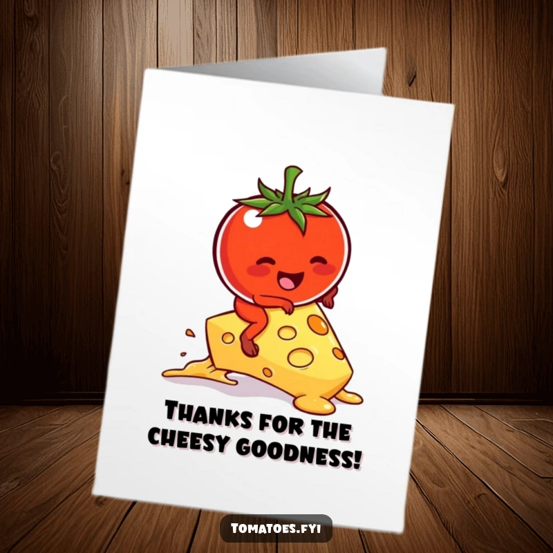 Funny Free Printable Thank You Card: A kawaii tomato hilariously attempting to ride a melting cheese slice, expressing thanks with humor.