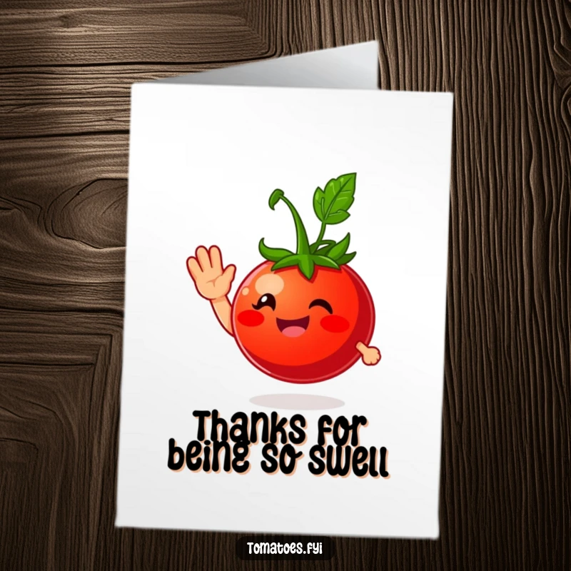 Funny Free Printable Thank You Card with a smiling tomato giving a friendly wave, a unique downloadable gift.