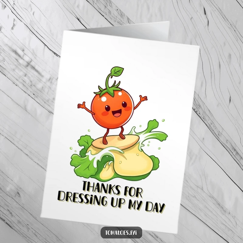 Funny Free Printable Thank You Card of a happy tomato character surfing a wave of salad dressing with flair.