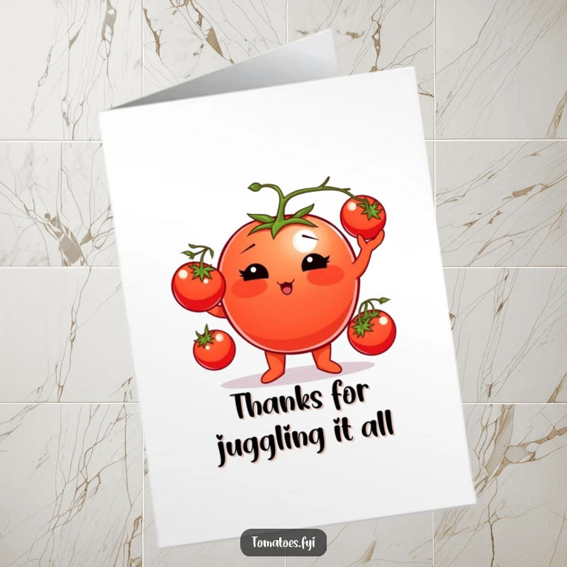 Funny Free Printable Thank You Card of a plump tomato character with rosy cheeks juggling cherry tomatoes, offering thanks with a playful twist.