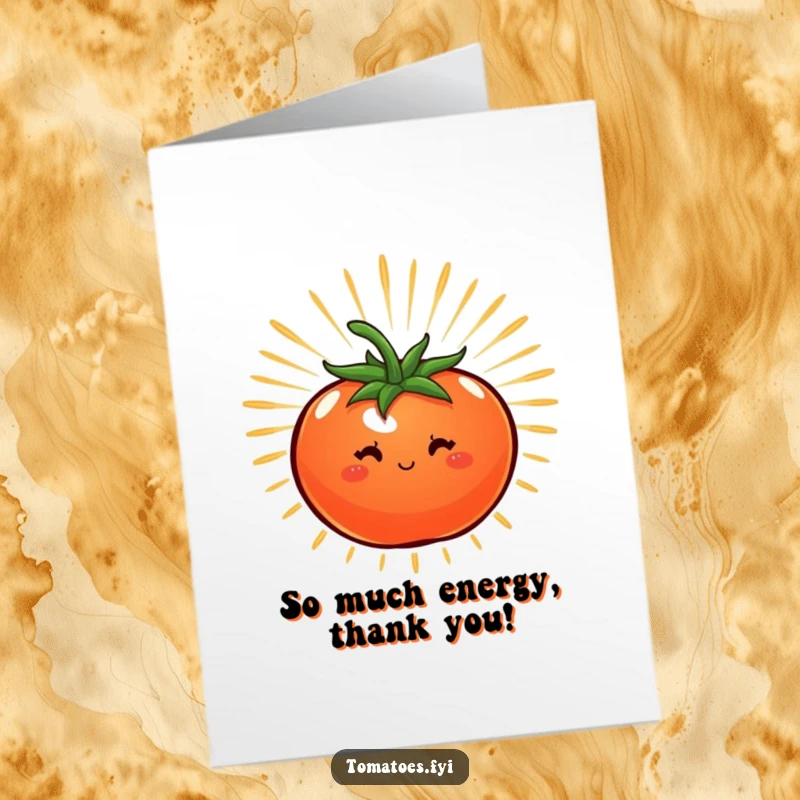 Funny Free Printable Thank You Card: A tomato is depicted with a dynamic starburst of energy, conveying excitement and thanks.