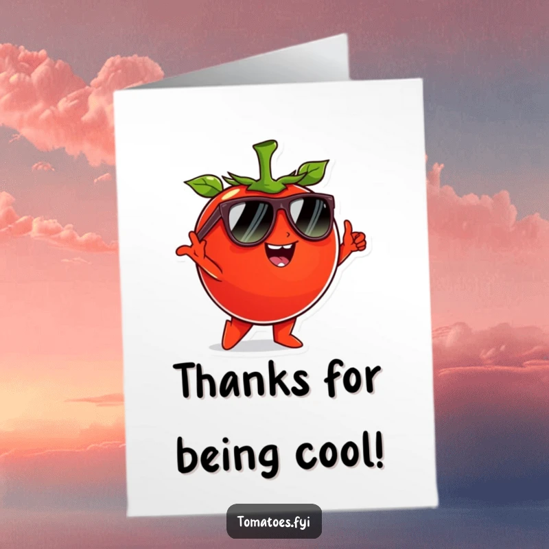 Funny Free Printable Thank You Card: A tomato sports sunglasses, striking a pose to express thanks with cool flair.