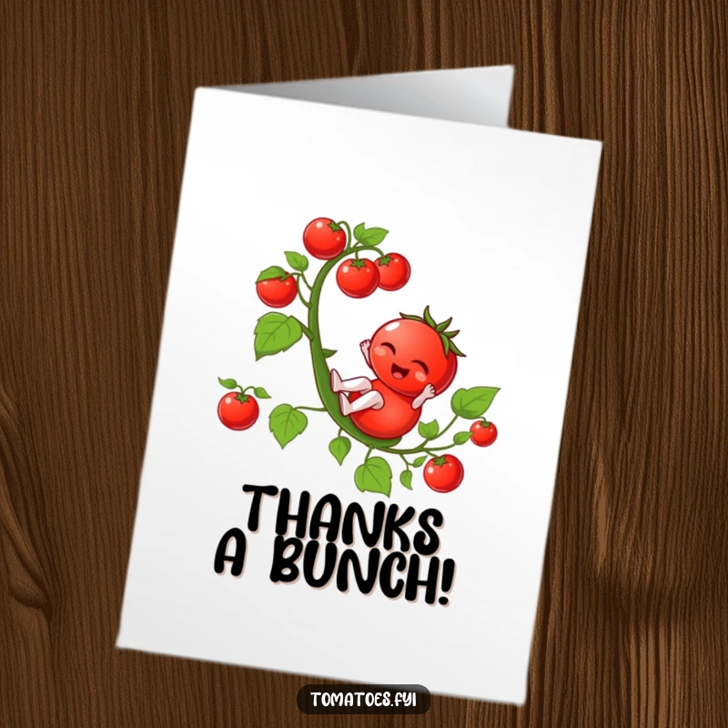 Funny Free Printable Thank You Card: A winking tomato comically slides down a vine, expressing gratitude with playful charm.