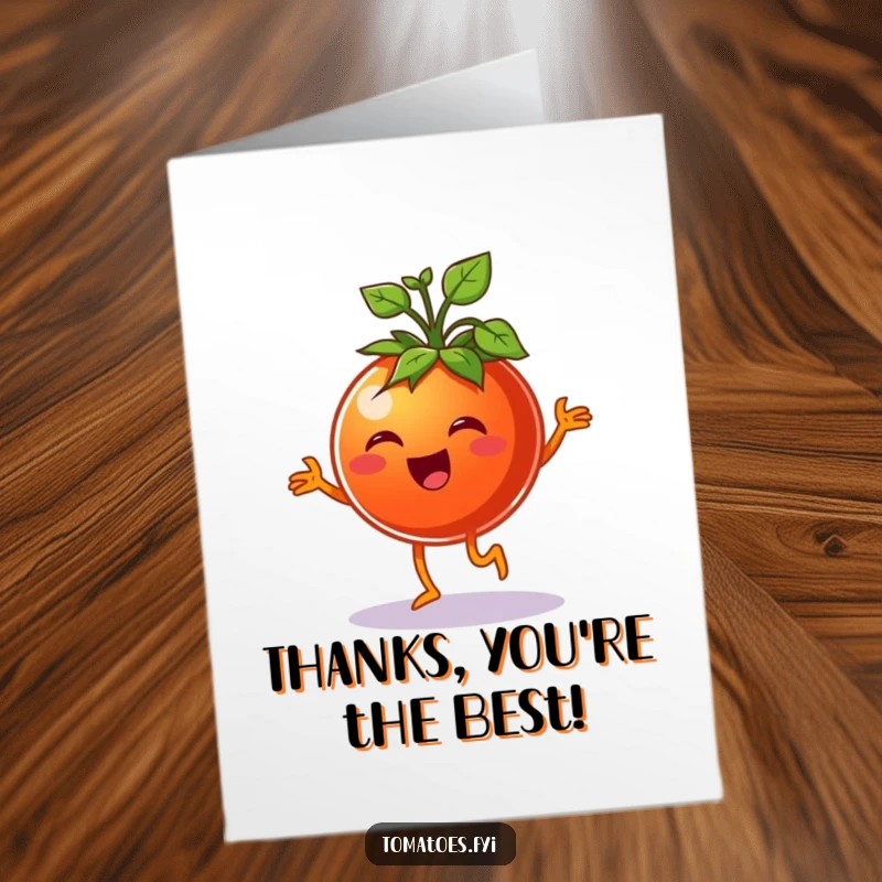 Funny Free Printable Thank You Card: A cheerful tomato joyfully jigs with leafy sprouts, expressing thanks with happy energy.