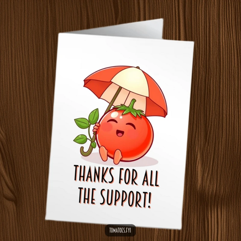Funny Free Printable tomato thank you card, a content tomato character relaxing under a tiny umbrella.