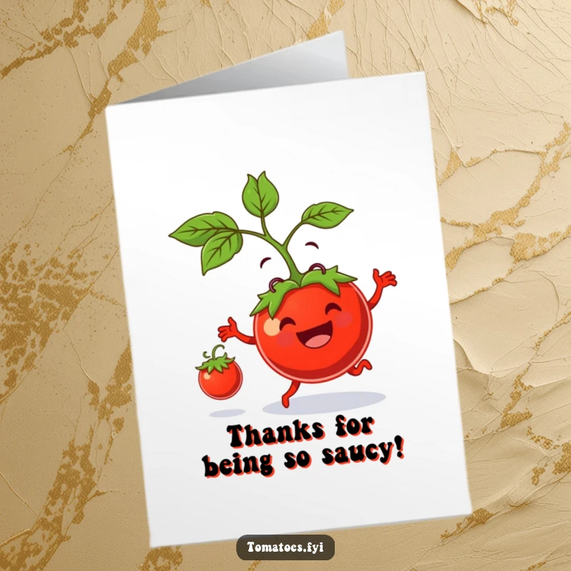 Funny Free Printable Thank You Card: Smiling tomato character gleefully bouncing a mini tomato, showing thanks with a grin.