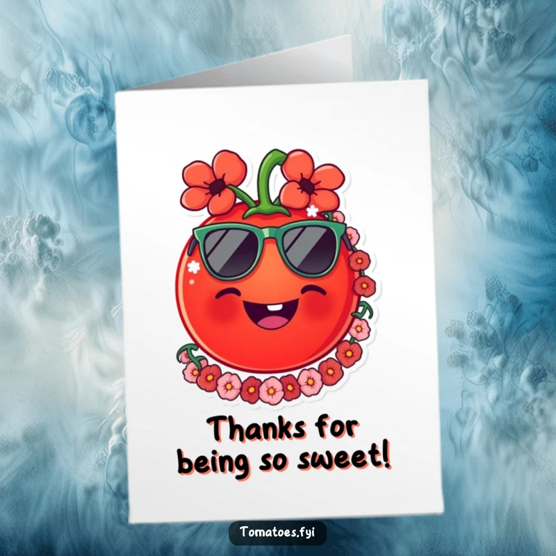 Funny Free Printable Tomato Thank You Card: Smiling tomato in sunglasses and lei, giving cool thanks.