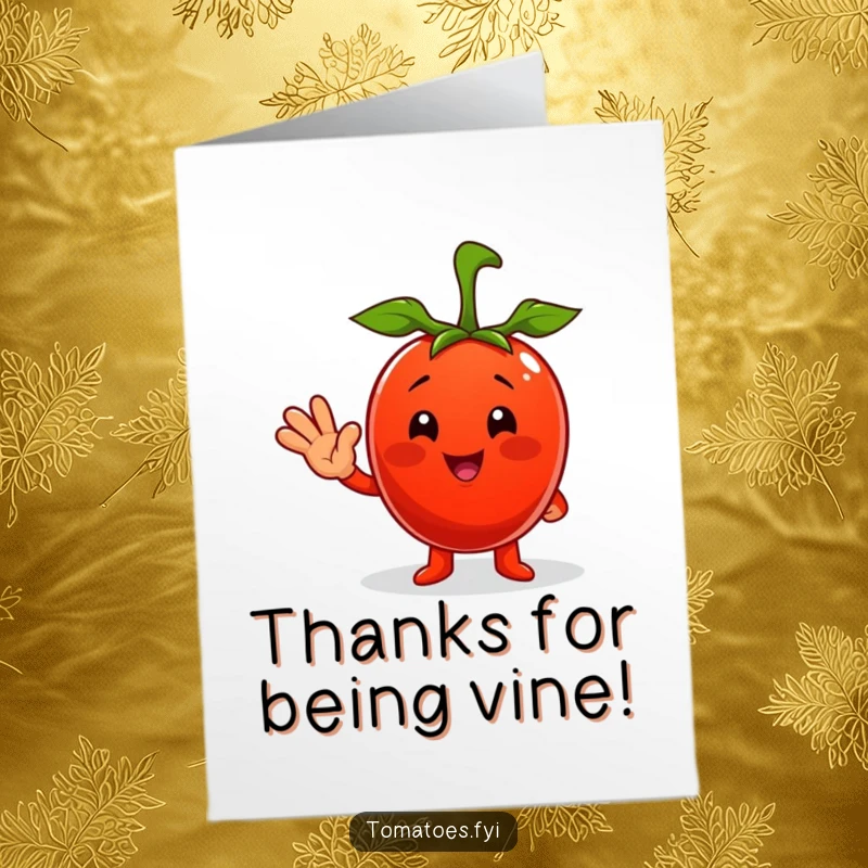 Funny Free Printable Thank You Card: A happy tomato character waving hello, conveying thanks with a friendly, humorous gesture.