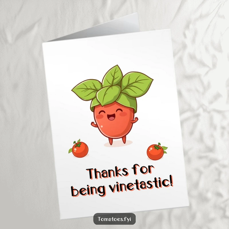 Funny Free Printable Thank You Card: Tiny tomato character wearing a giant basil leaf hat, a humorous and cute way to say thanks.