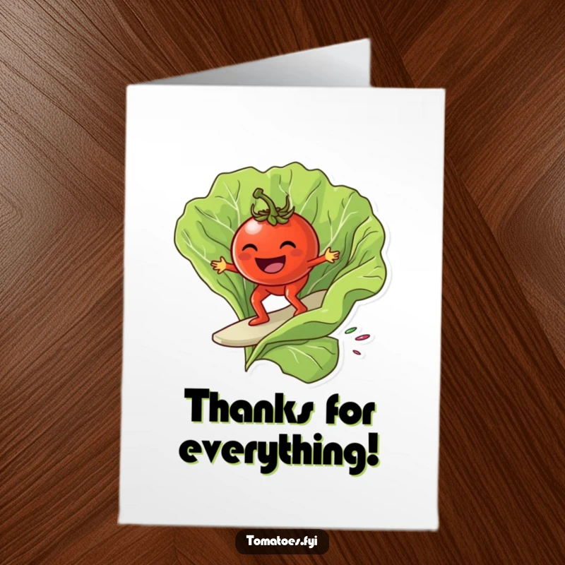 Funny Free Printable Thank You Card: A grinning tomato shreds a giant lettuce leaf, conveying thanks with cool style.