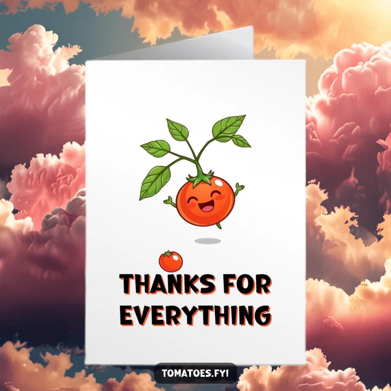 Funny Free Printable Thank You Card of a jovial tomato character spinning happily on its stem, expressing thanks with energetic glee.