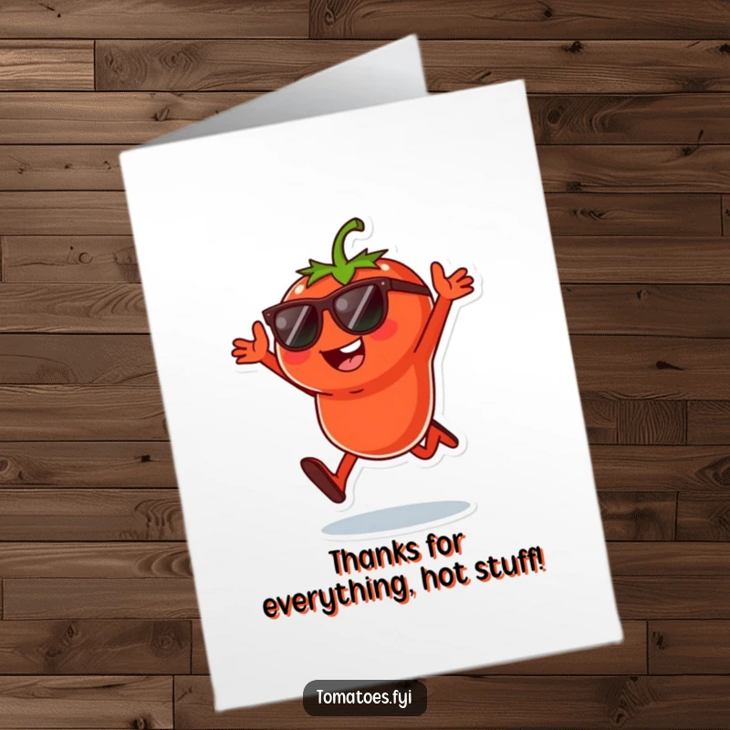Funny Free Printable Thank You Card: A tomato character wearing sunglasses does a playful jump, a cool thank you.