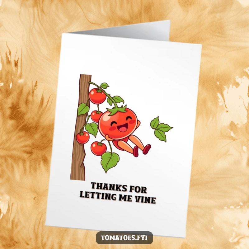 Funny Free Printable Thank You Card featuring a tomato character joyfully sliding down a vine, a unique downloadable gift.