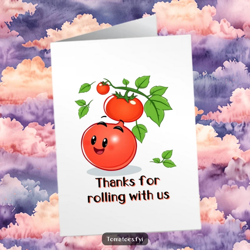Funny Free Printable Thank You Card showing a smiling tomato character joyfully rolling down a vine, offering thanks with a playful, carefree spirit.