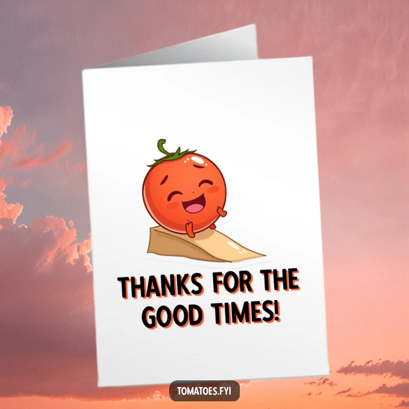 Funny Free Printable Thank You Card: Giggling tomato character joyfully rolling down a small incline, a delightful DIY gift idea.