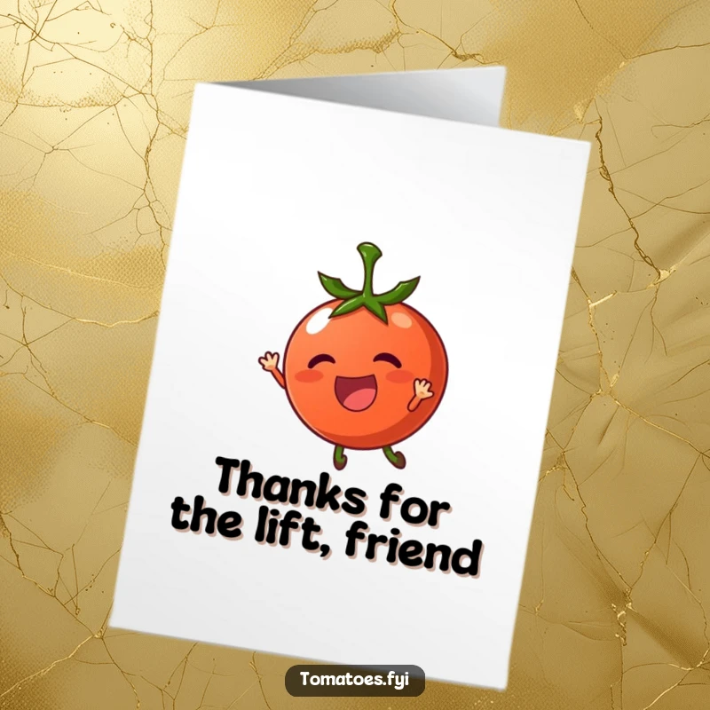 Funny free printable thank you card: A cheerful tomato character gently floating and soaring on a light breeze.