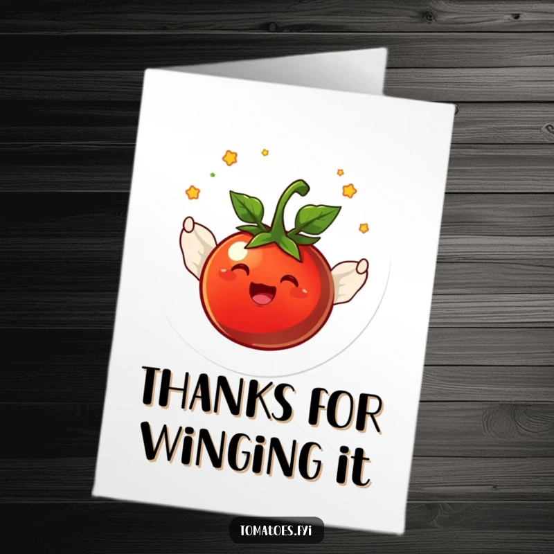 Funny Free Printable Thank You Card: Joyful tomato character with small wings flying in a circle, a happy expression of thanks.