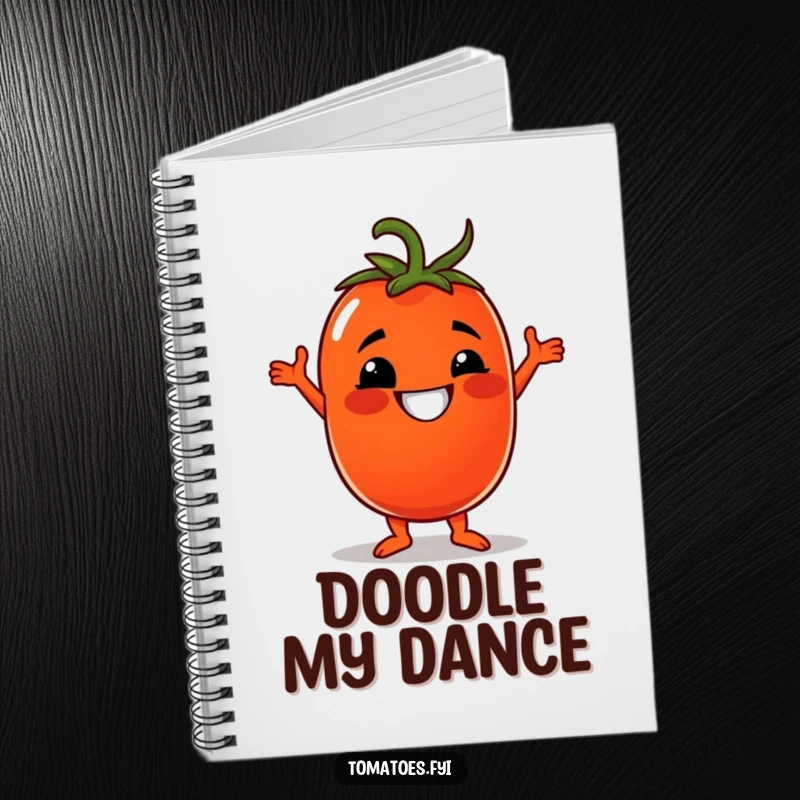 Funny notebook with a grinning tomato character doing a disco dance, perfect for writing and creative tasks.
