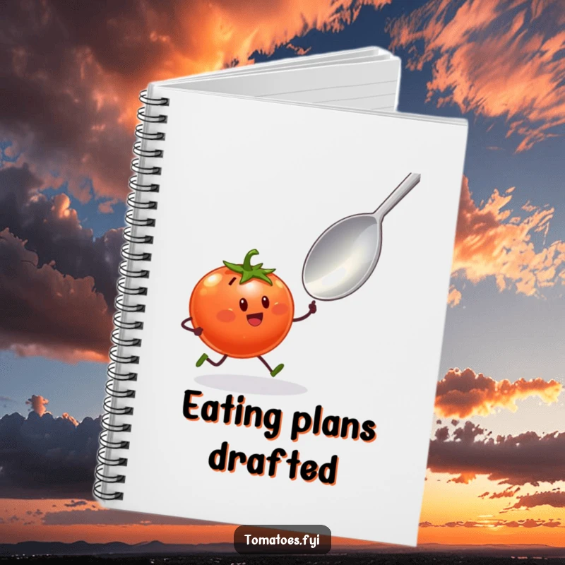 Funny notebook with a tomato character with tiny legs sprinting towards a giant spoon, for comedic foodie notes.