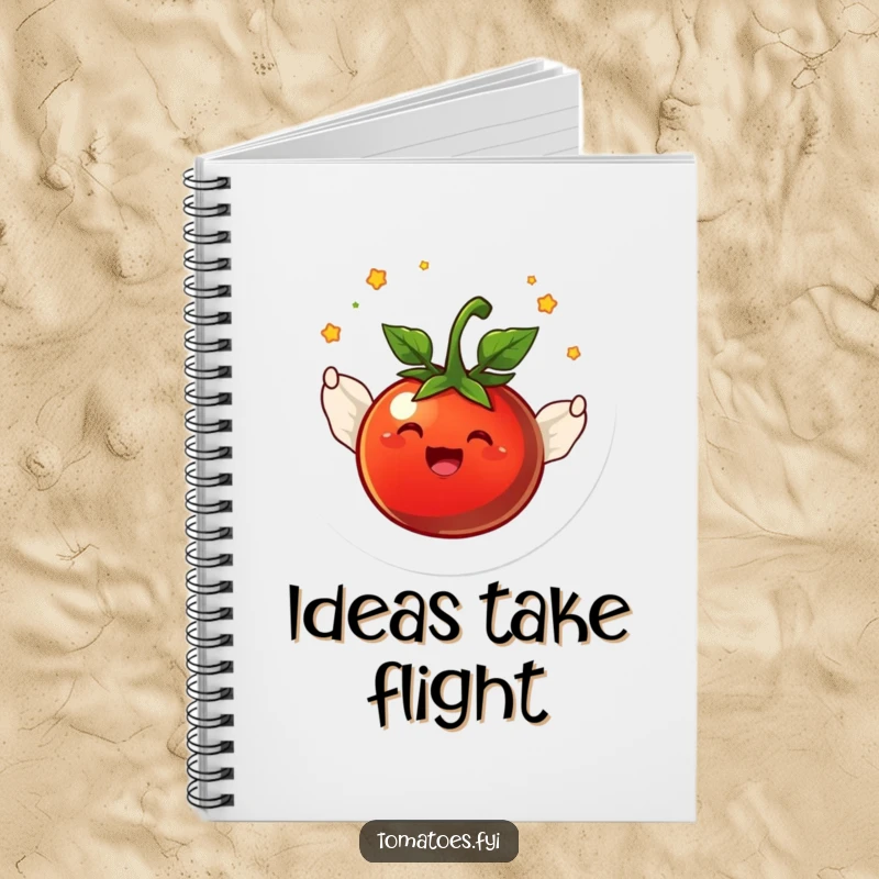 Funny joyful tomato character with tiny wings flying in a circle on the cover of a lined notebook.